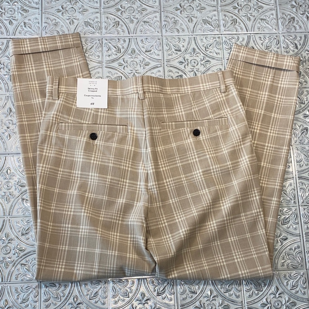 H&M Men's Beige Plaid Skinny Fit Cropped Trousers - NWT - Picture 7 of 10